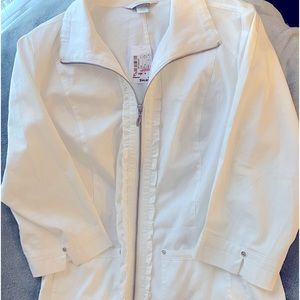 CJ Banks summer white jacket ruffled zipper with cinched back. NWT